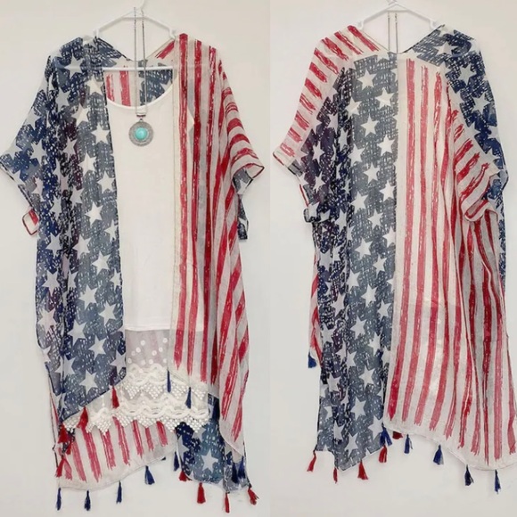 New America Print Boho Tassel Trim Contrast Red Blue Stripe Kimono Swim Cover Up - Picture 2 of 16